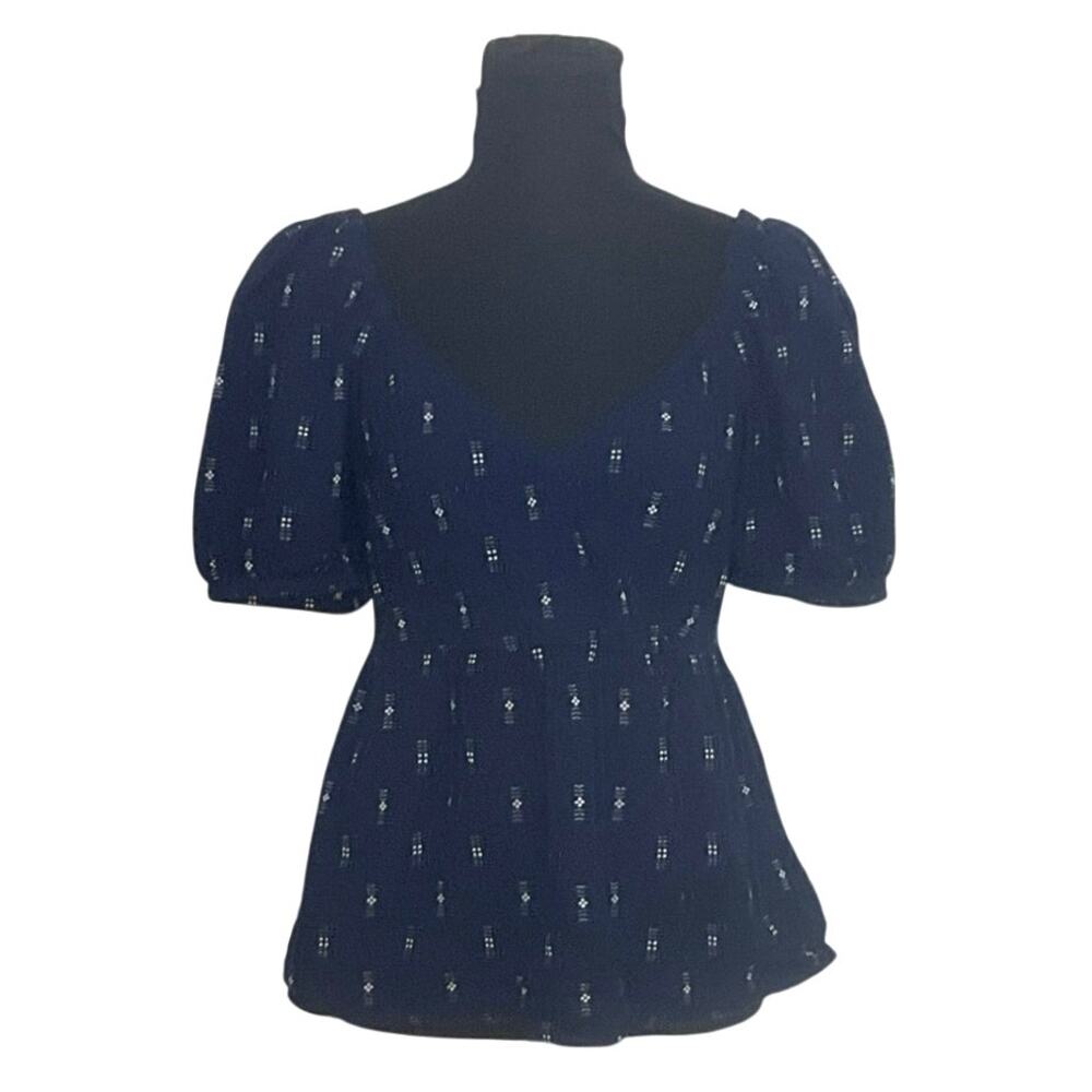 Madewell Navy Embroidered Puff Sleeve Peplum Top Small 100% Cotton - Picture 2 of 9